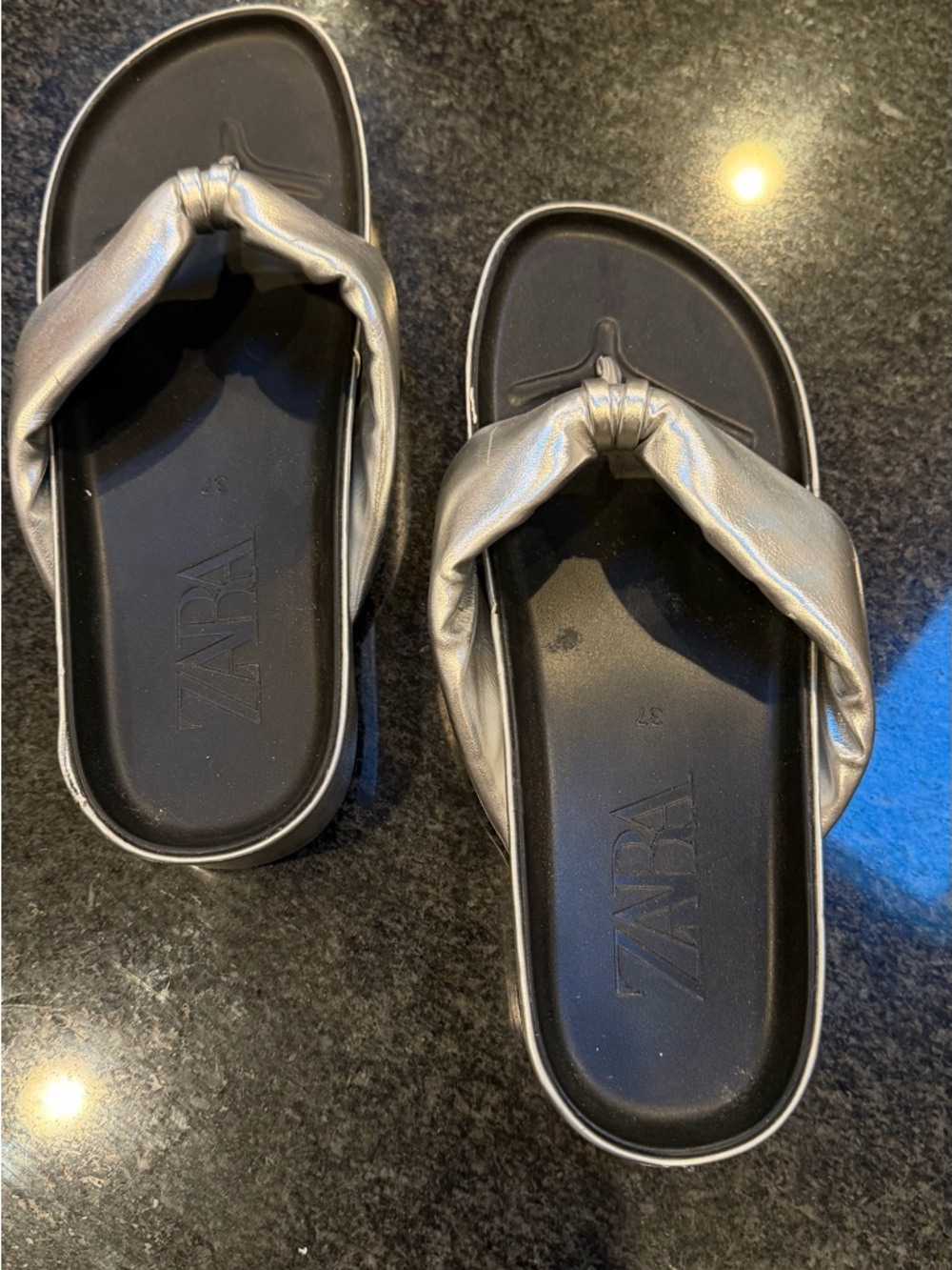 Zara Metallic Silver Padded Knotted Slide Sandals